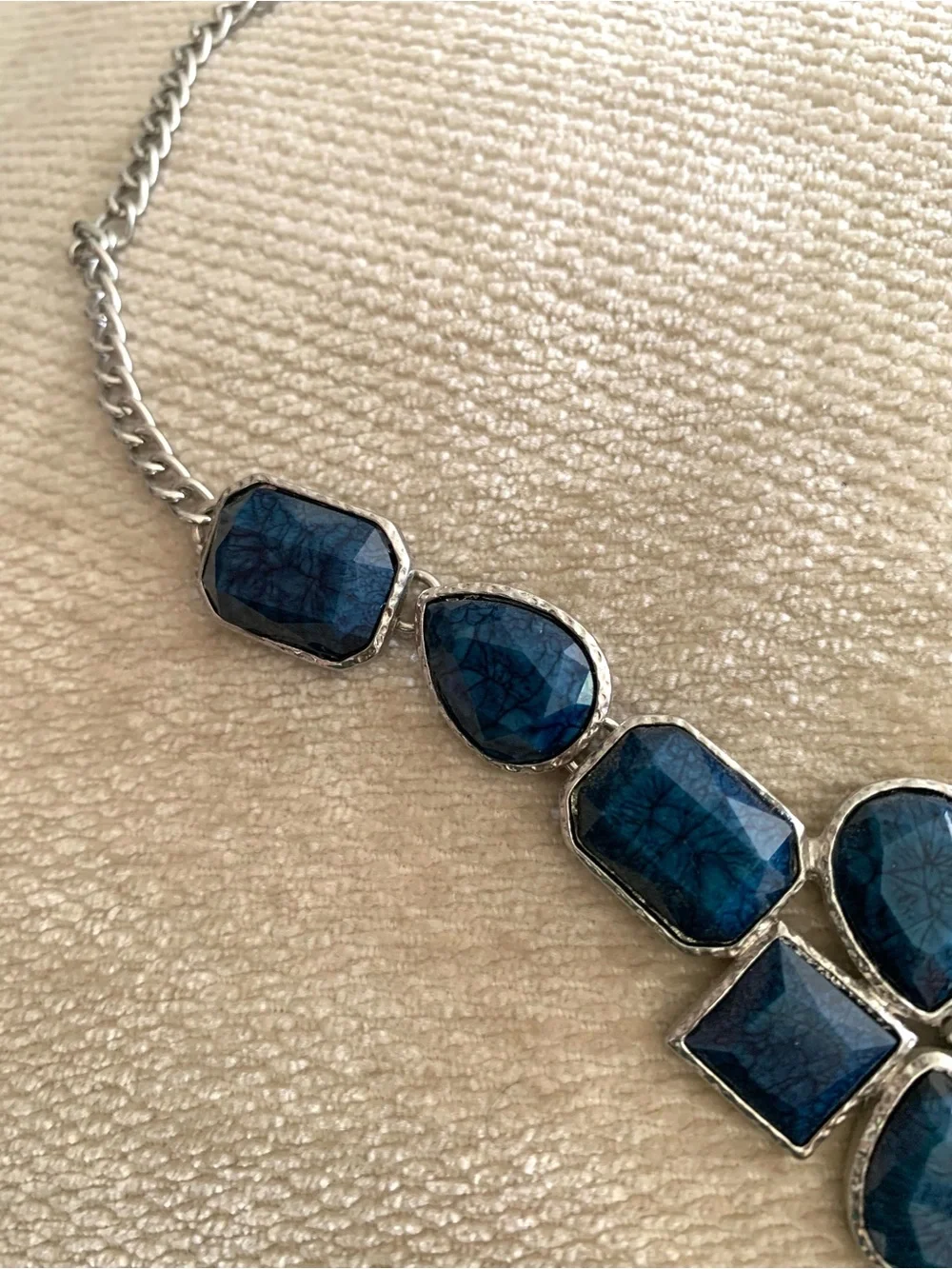 Women's Silver-Tone Blue Stone Costume Bib Style Necklace Approx 11”  Adjustable